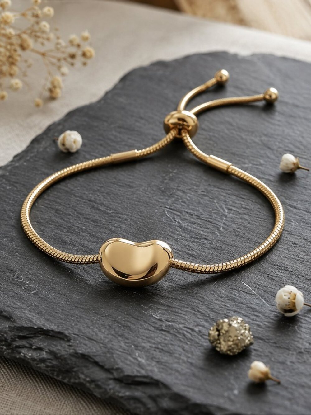 Gold Bean Charm Bracelet Bolo Adjustable Slider 18K Gold Plated Stainless Steel